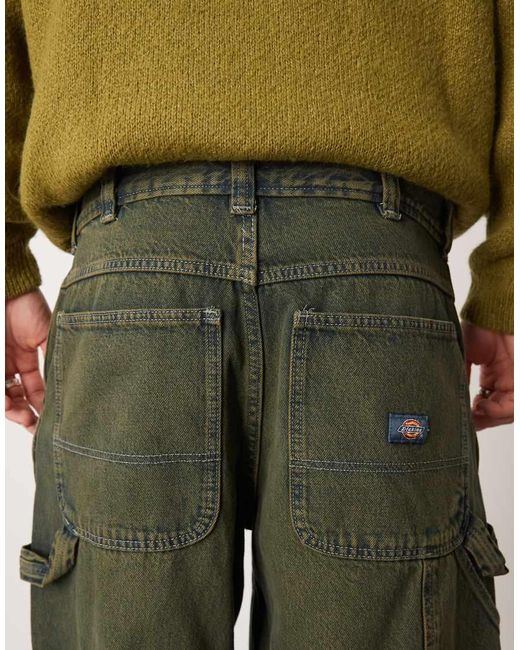 Dickies Green Loose Fit Carpenter Denim Trousers With Contrast Stitching for men