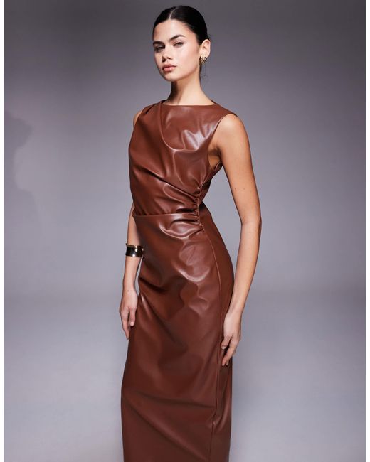 ASOS Purple Sleeveless Ruched Leather Look Midi Dress
