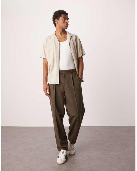 Pantalones De Vestir Marrones De Corte Tapered Extragrande Con Pinzas De Sarga Con Lana De ASOS de hombre de color Green