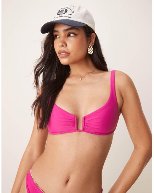 Abercrombie & Fitch Pink Deep V Wire Detail Tie Back Bikini Top Co-ord