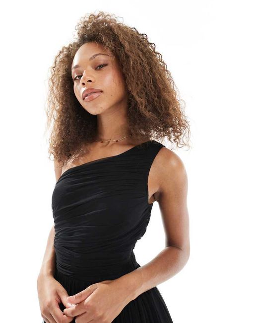 LACE & BEADS Black Bridesmaid One Shoulder Maxi Dress