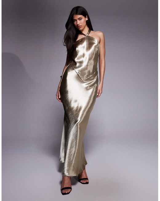 Aria Cove Hammered Satin Knot Front Halterneck Scarf Hem Detail Maxi Dress  in Metallic | Lyst