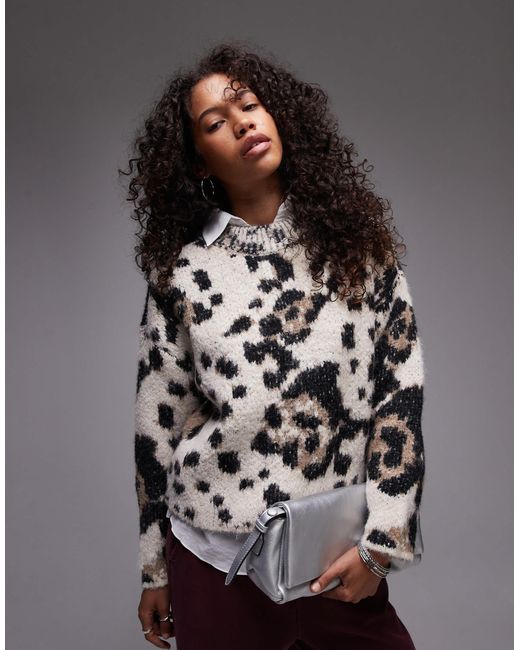 TOPSHOP Gray – ultimate – flauschiger strickpullover mit leopardenmuster und lockerem schnitt