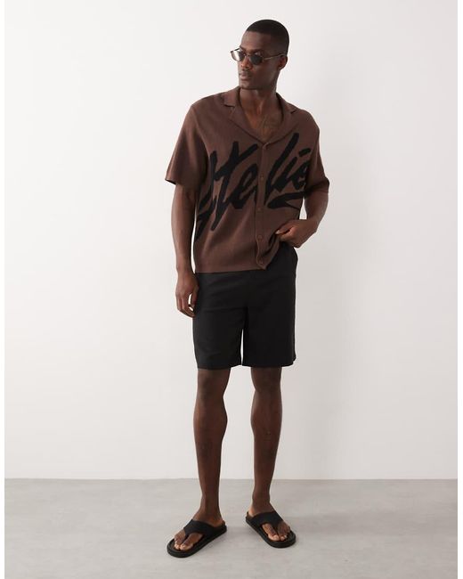 ASOS Brown Oversized Knitted Revere Button Through Shirt With Graphic for men