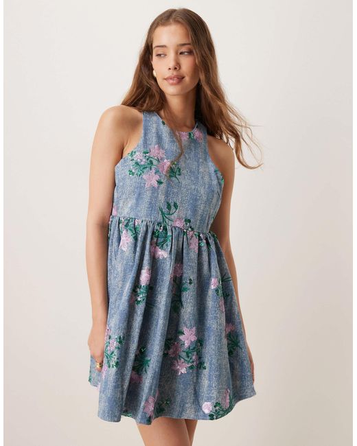 Sister Jane Blue Dream Floral Embellished Smock Mini Dress