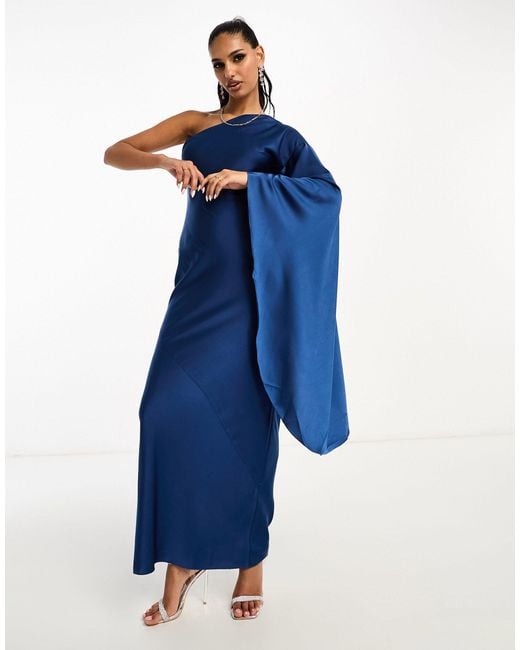 ASOS Blue Satin One Shoulder Flare Sleeve Maxi Dress With Back Detail