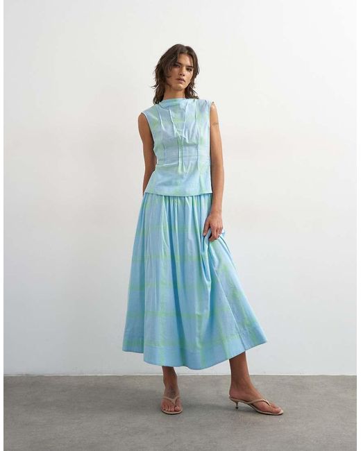 TOPSHOP Blue Co-ord Grown On Neck Pin Tuck Top