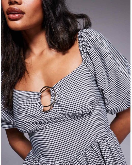 River Island Midi Jurk Met Pofmouwen, Afwerking En Gingham Ruit in het Gray