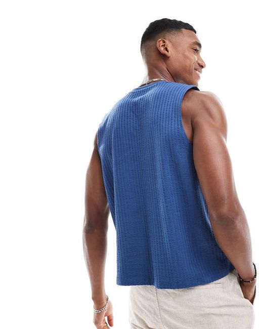 ASOS Blue Cropped Seersucker Tank for men