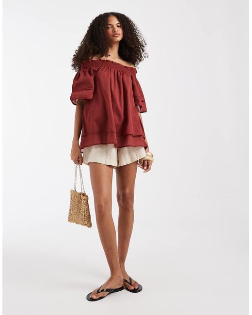 Aware Red Off Shoulder Ruffle Top With Smock Detail
