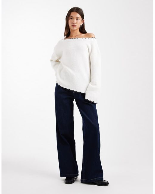 Miss Selfridge White Asym Off The Shoulder Blanket Stitch Slouchy Jumper