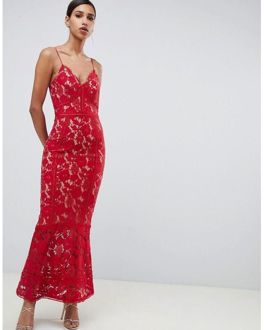 Jarlo Red Cami Strap Allover Lace Maxi Dress