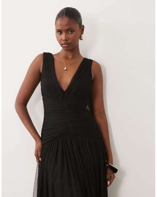 LACE & BEADS Black Bridesmaid Tulle Sleeveless Dropped Waist Tiered Hem Maxi Dress