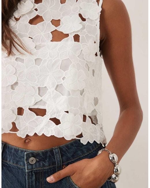 Mango Blue Round Neck Sleeveless Crop Top With Cut-out Embroidered Detailing