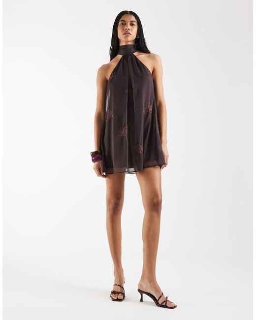 Reclaimed Vintage Brown Limited Edition Halter Neck Mini Dress With Bead Embroidery