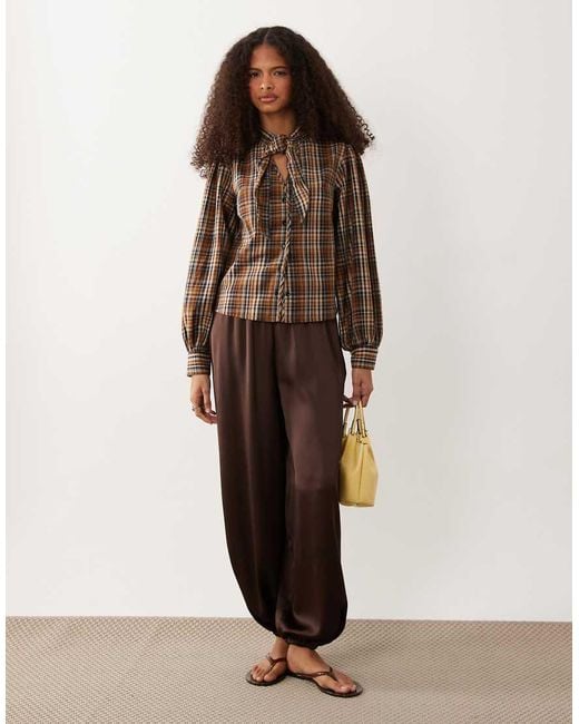 Wednesday's Girl Brown Long Sleeve Shirt With Tie Detail