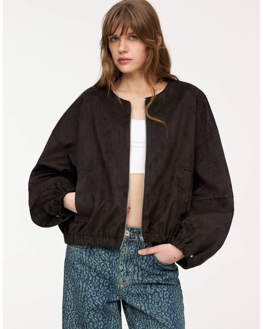 Pull&Bear Black Faux Suede Collarless Bomber Jacket