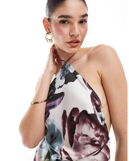 ASOS White – neckholder-maxikleid aus satin mit rückendetail und großflächigem blumenprint