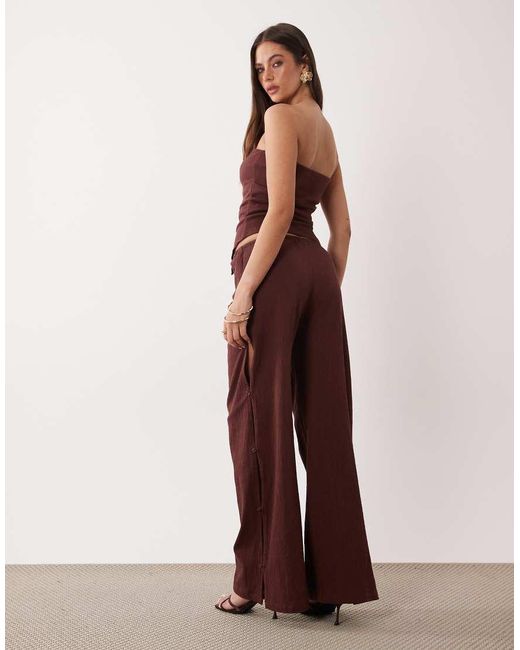 ASOS Brown Mix & Match Cotton Look Crinkle Wide Leg Pants With Side Button Detail