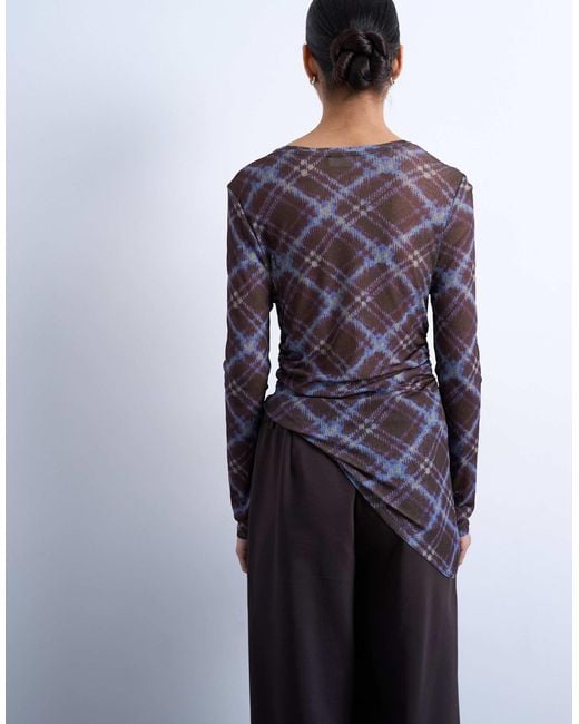 TOPSHOP Multicolor Check Print Asymmetric Long Sleeve Top