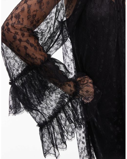 TOPSHOP Black Lace Long Sleeve Mini Trapeze Dress