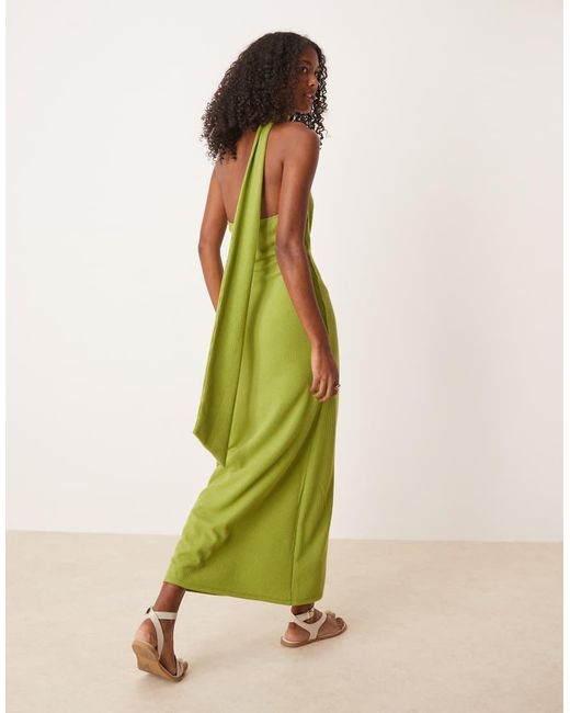 ASOS Green Ribbed One Shoulder Neck Scarf Midi Dress