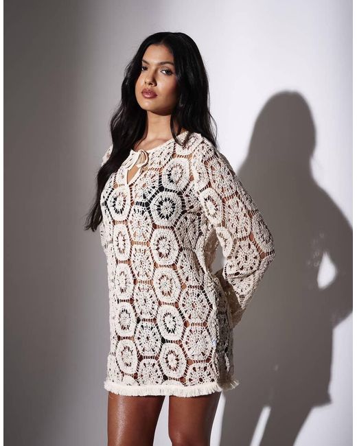 South Beach White Crochet Fringe Tunic Dress