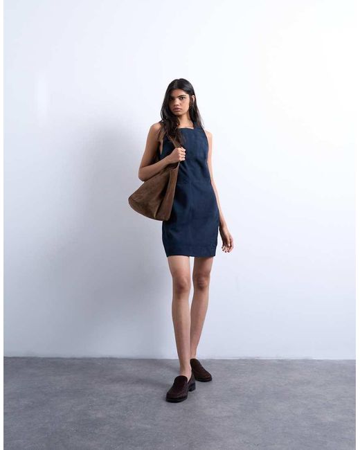 TOPSHOP Blue Real Suede Square Neck Halter Neck Mini Dress