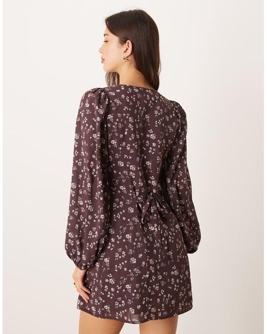 Glamorous Brown Long Sleeve Mini Tea Dress With Tie Front