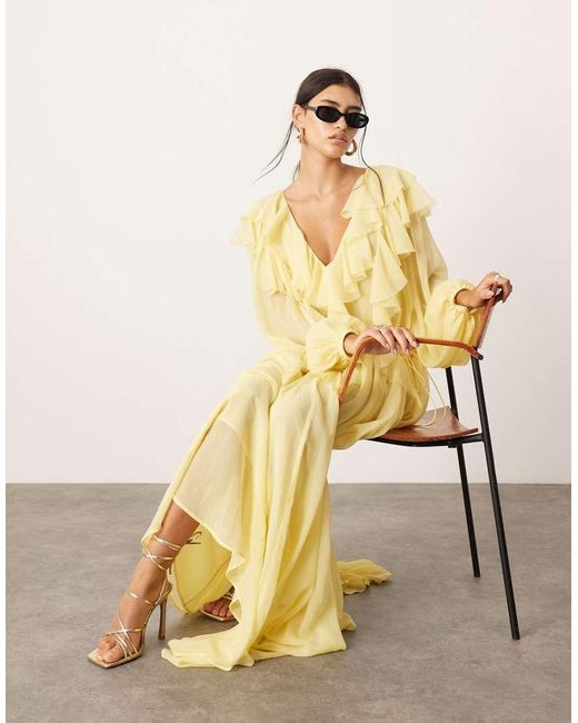 ASOS Raw Edge Ruffle Maxi Dress With Drawstring Waist in Natural Lyst UK