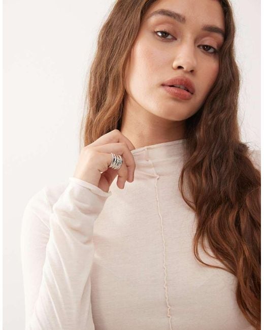 Monki Natural Long Sleeve Sheer T-shirt With Front Seam Detail