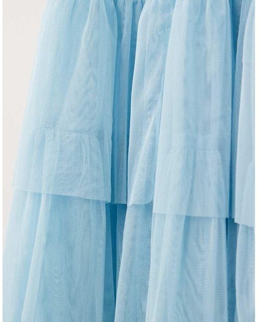 LACE & BEADS Blue Bridesmaid Madison Smocked Plunge Neck Sheer Sleeves Maxi Dress