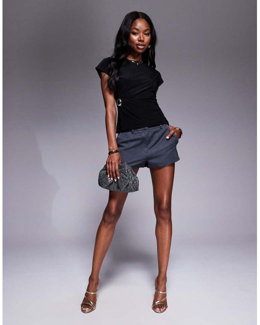 Fashionkilla Black Double Sculpted Slinky Metal Detail Ruched Side T-shirt
