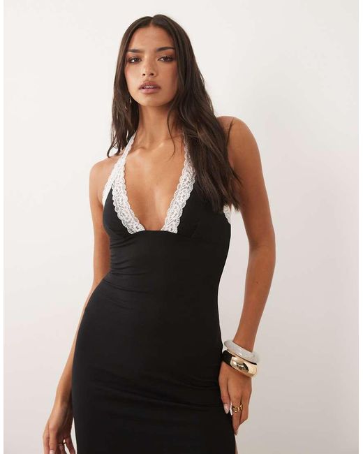Oh Polly Natural Modal Plunge Halter Neck Lace Trim Detail Thigh High Split Maxi Dress