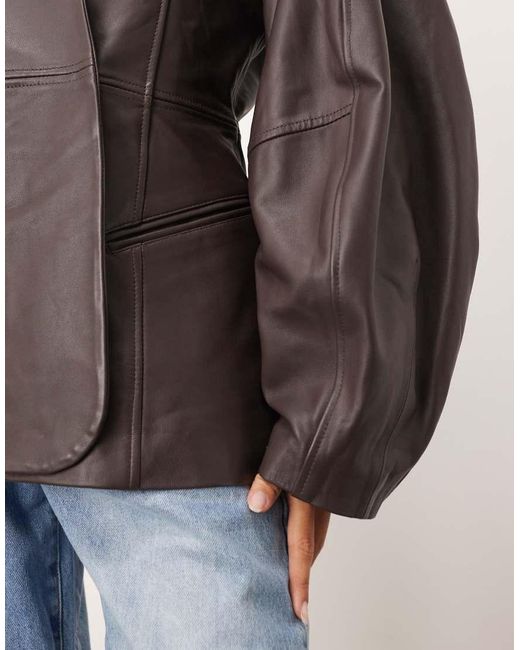 ARRANGE Brown Soft Leather Jacket With Cinched Waist And Ovoid Sleeve