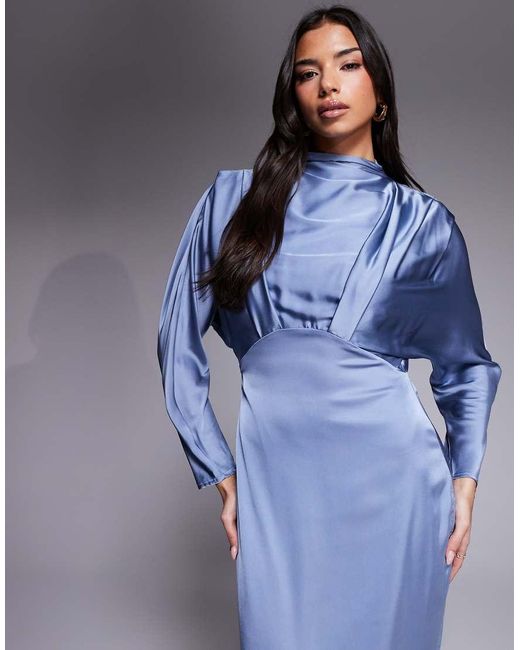 TFNC London Blue Satin High Neck Tuck Detail Maxi Dress