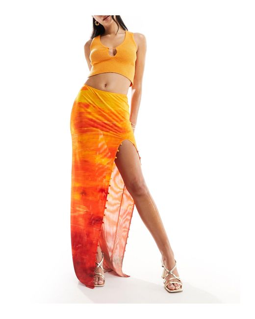 FARAI LONDON Orange Carina Mesh Thigh Split Button Through Maxi Skirt