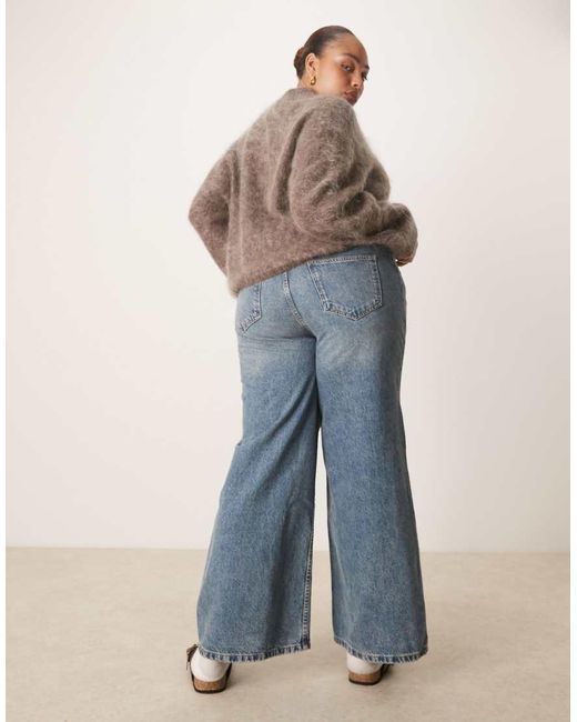 ASOS Blue Asos Design Curve High Waisted Wide Leg Jeans With Cinch
