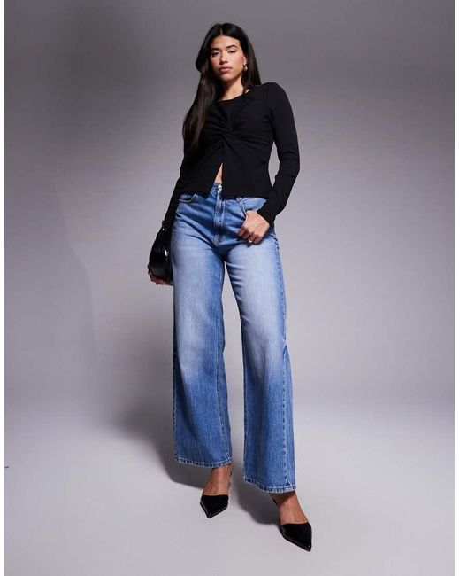 ASOS Blue Crepe Twist Front Long Sleeve Top With Shoulder Pads