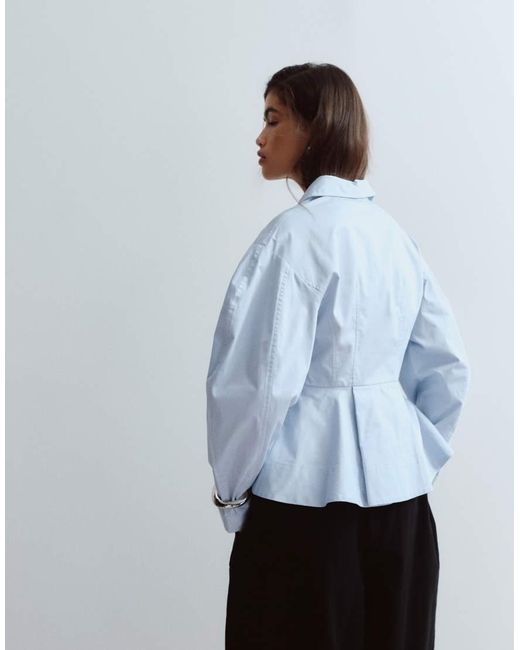ARRANGE Blue Structured Collared Peplum Shirt With Contrast Buttons