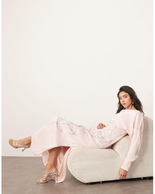 ARRANGE Natural Floral Embellished Slouchy Plunge Wrap Maxi Dress