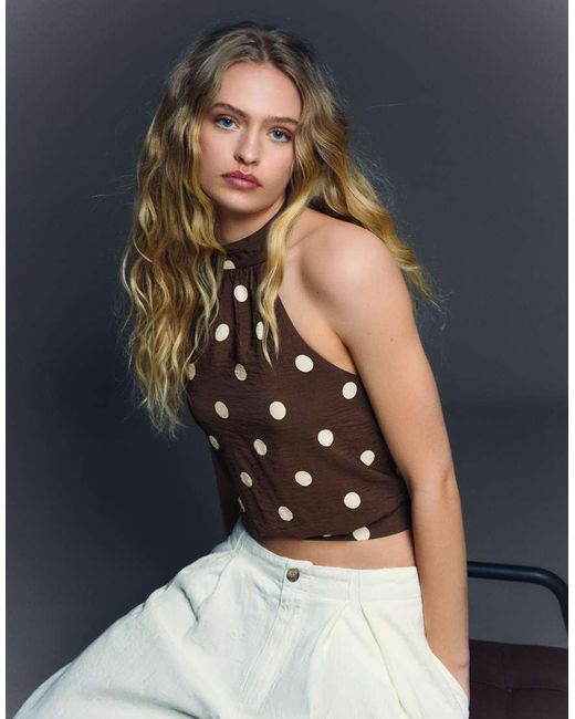 Bershka Blue Halter Polka Dot Top