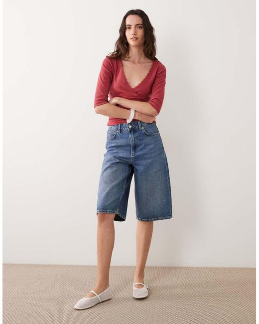 Miss Selfridge Red Three Quarter Length Sleeve Wrap Top