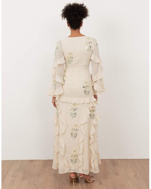 Maya Natural Embellished Long Sleeve Ruffle Maxi Dress