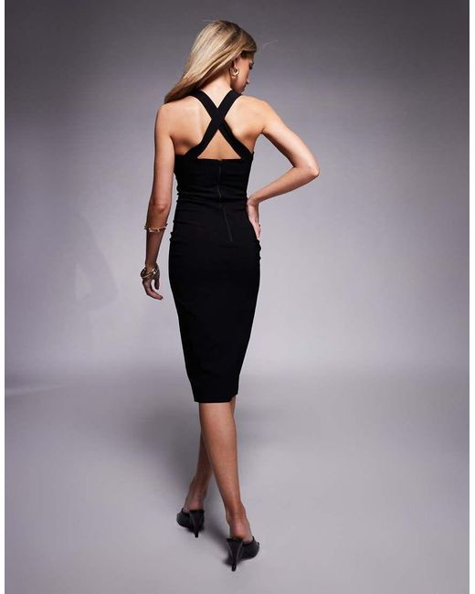 Vesper Black Sweetheart Neckline Midi Dress With Cross Back Straps