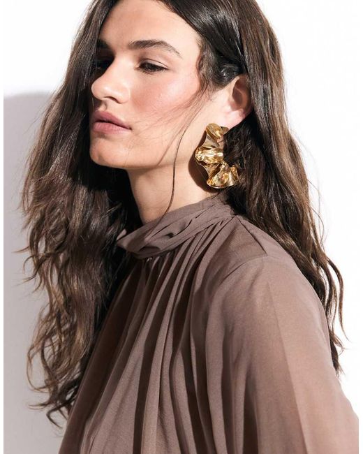 ASOS Brown Co-Ord Semi Sheer Mesh High Neck Long Sleeve Top With Bubble Hem