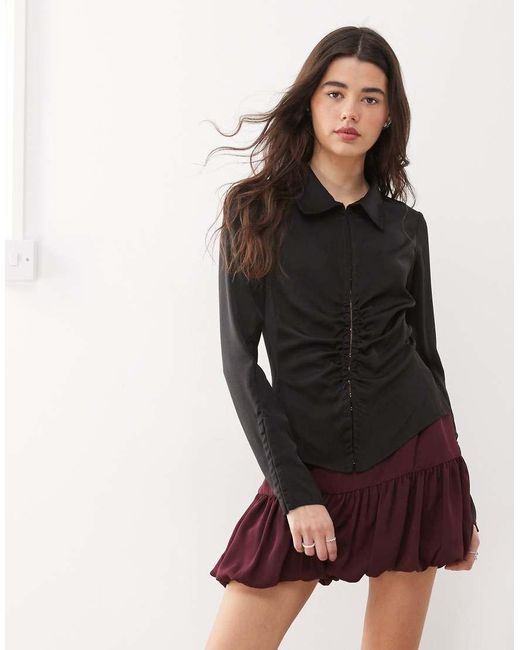 Weekday Black Ruched Satin Shirt