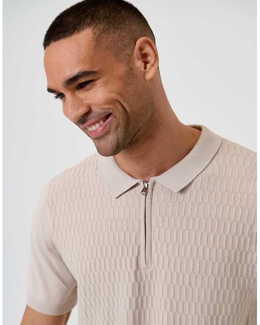 Threadbare Natural Textured Knit Quarter Zip Polo for men