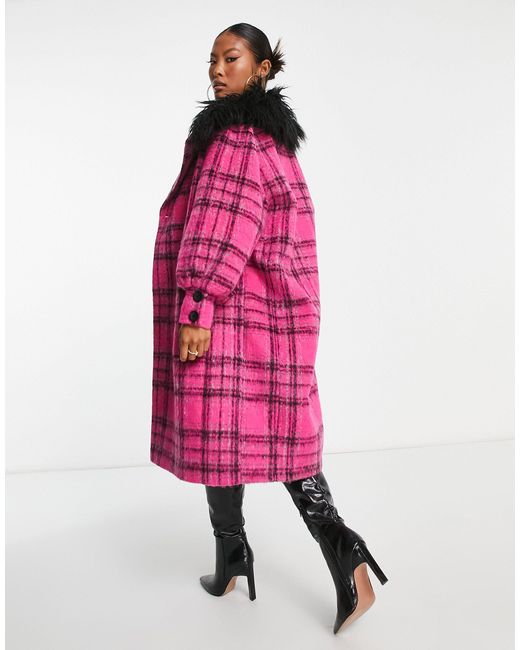 Miss Selfridge Pink Petite – karierter, langer mantel