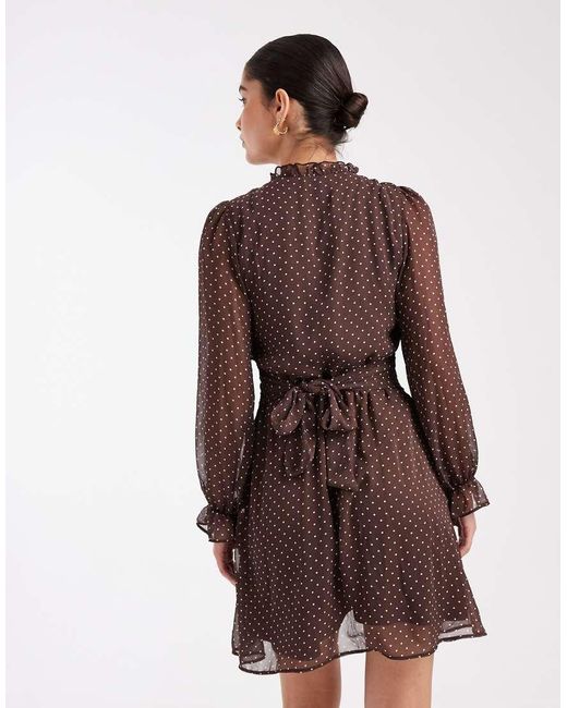 New Look Brown Polka Dot Chiffon Cinched Waist Mini Dress